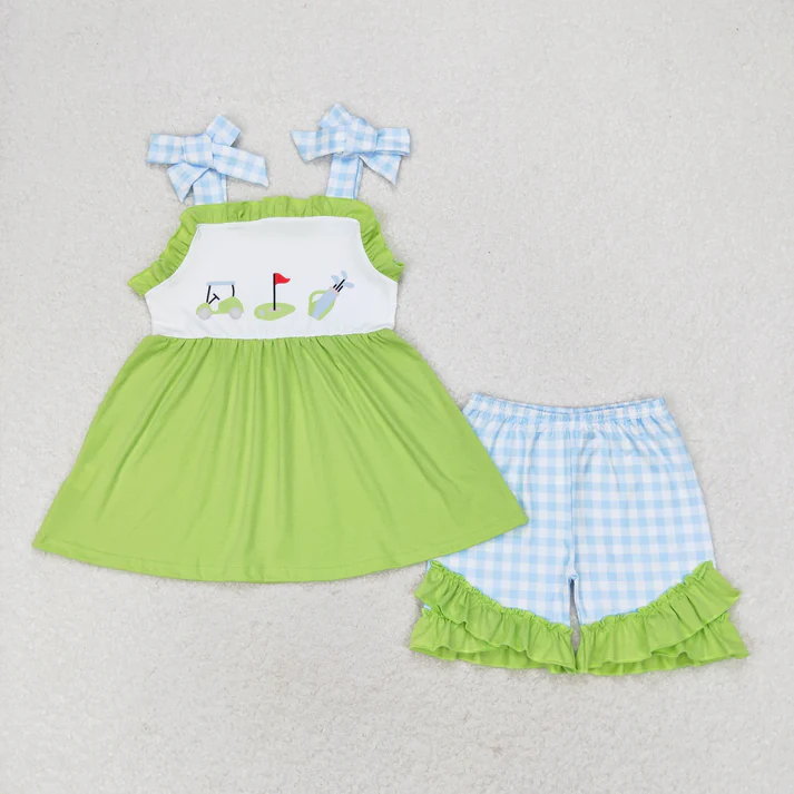 RTS NO MOQ Baby Girls Golf Summer Sibling Rompers Dresses Outfits Clothes Sets