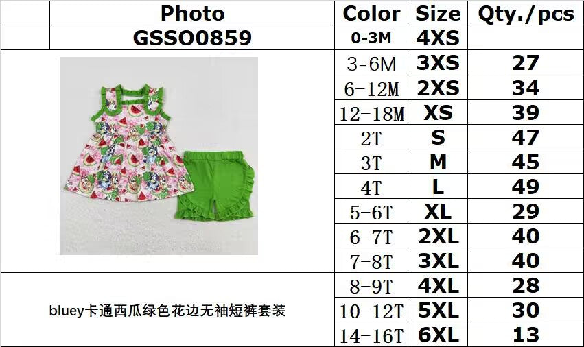 RTSGSSO0859 +BSSO0743 bluey cartoon watermelon green lace sleeveless shorts suit