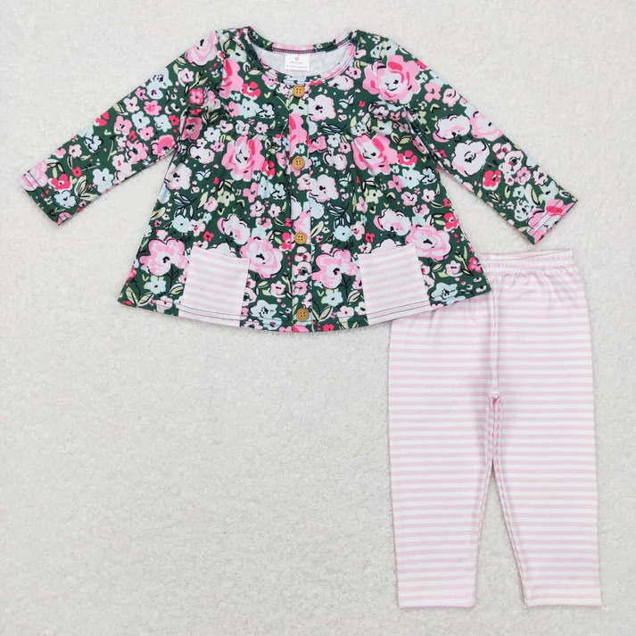 RTS NO MOQ Baby Girls Floral Pocket Tunic Sibling Legging Pants Clothing Sets