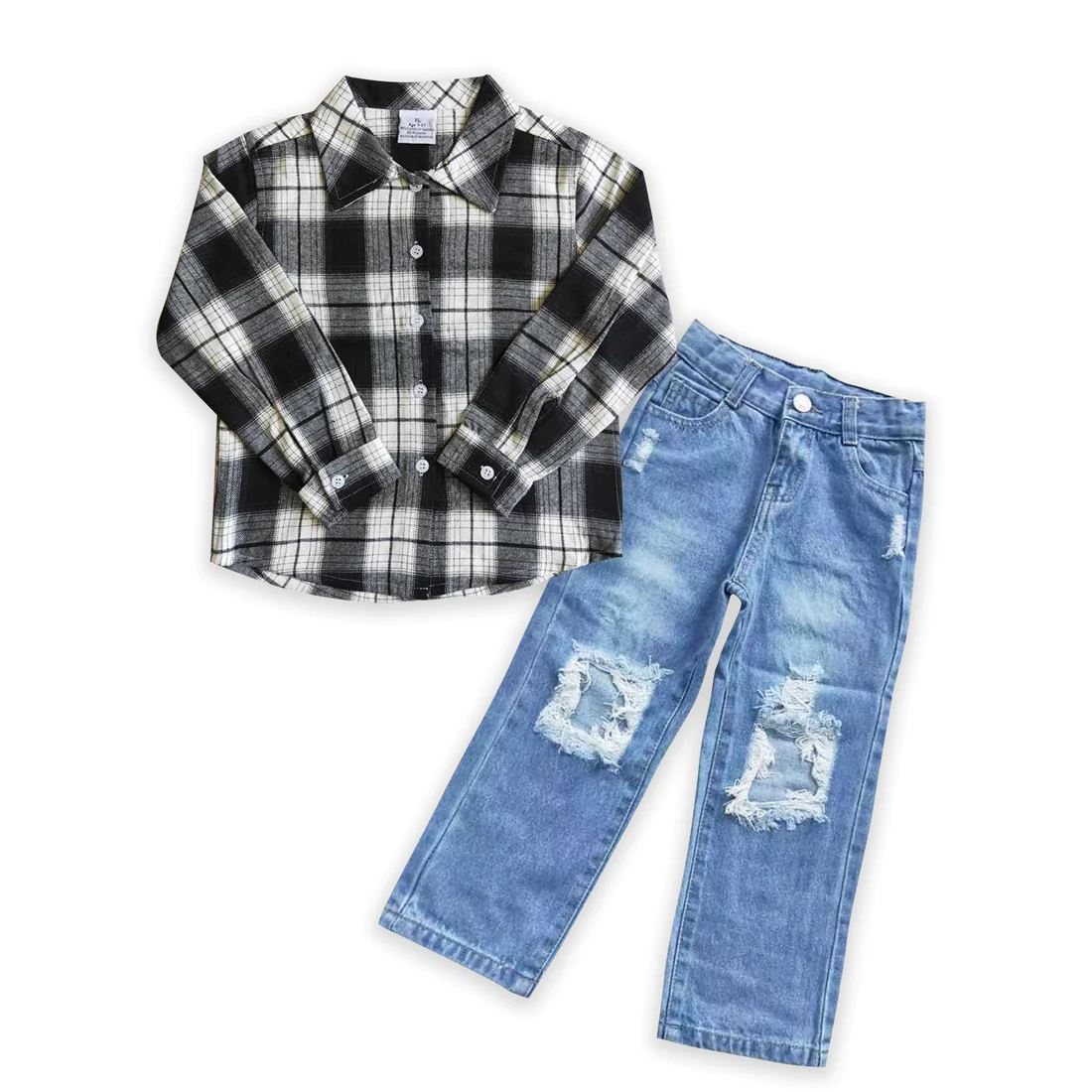 flannel t-shirts lattice  with   denim sets