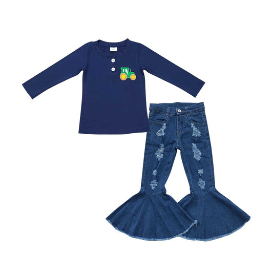 GT0355 Embroidered Tractor Dark Blue Long Sleeve Top+P0133 Blue ripped denim flared trousers