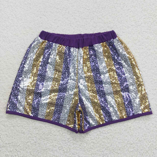 SS0118 Adult Purple Gold White Striped Sequin Shorts
