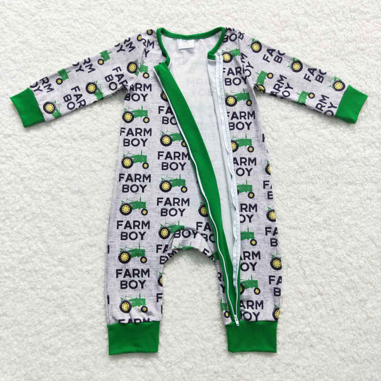 LR0688 farm boy tractor gray green zipper long sleeve jumpsuit