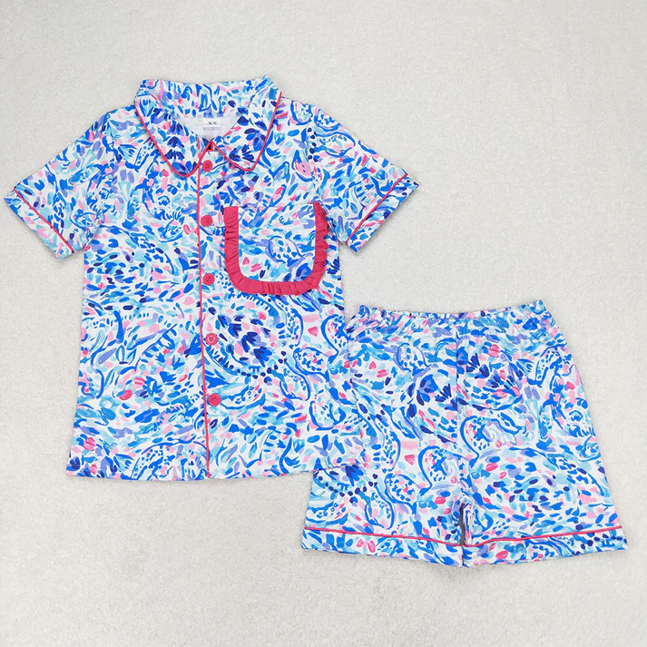 RTS Mommy and Me Water Paisley Ruffle Shirt Shorts Pajamas Clothes Sets