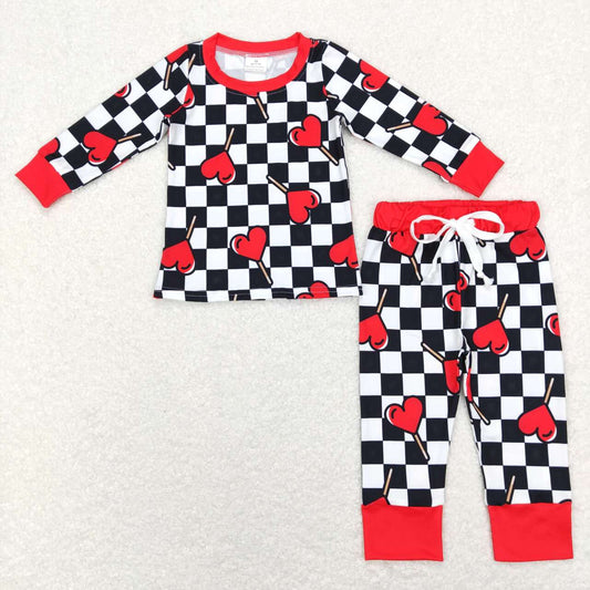 BLP0443 Red love lollipop black and white plaid red edge long sleeve trousers suit
