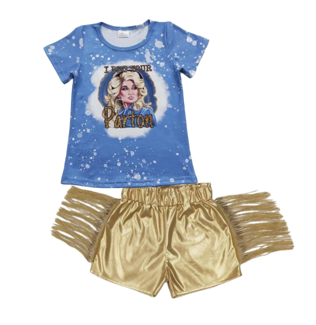 RTS NO MOQ Blue top and gold shorts set