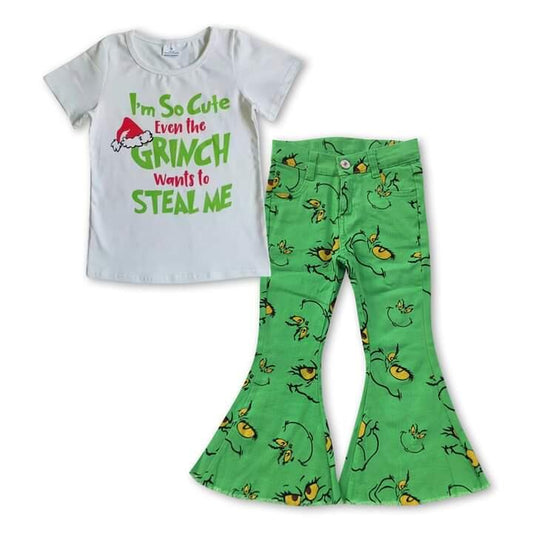 D4-1 grinch short sleeve top+P0230 Cartoon grinch green denim trousers with smiley face