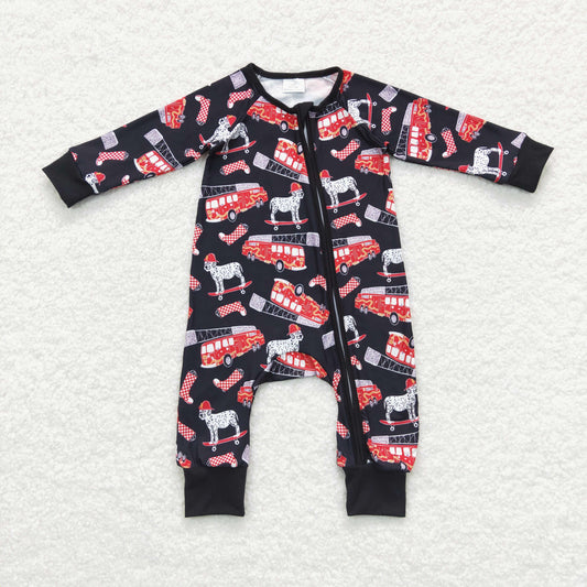 LR0735 Fire Truck Dalmatian Navy Blue Zip Long Sleeve Jumpsuit