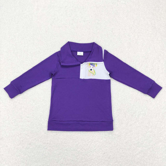 BT0492 Mardi Gras Puppy Plaid Purple Zip Long Sleeve Top