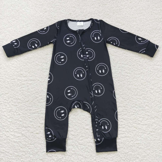 LR0654 Smiley Black Zip Long Sleeve Jumpsuit