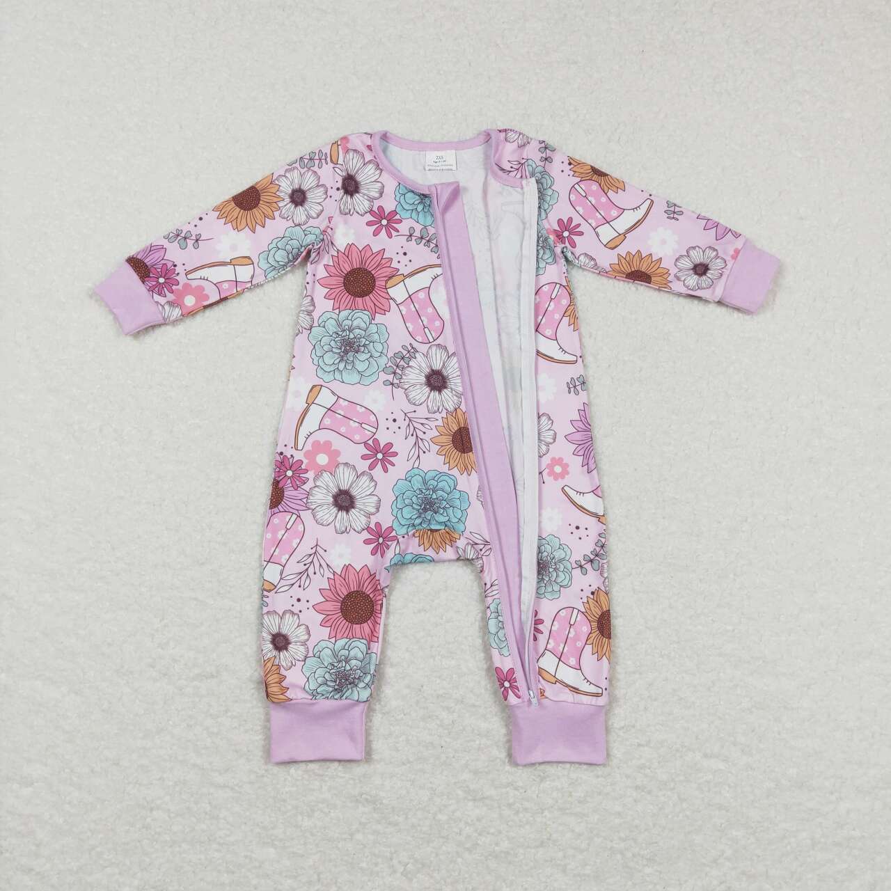 LR0801 Boots Floral Pink Zip Long Sleeve Jumpsuit