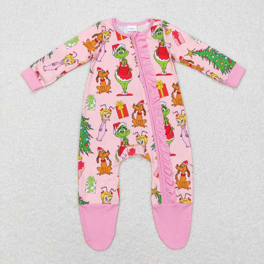 LR0806 grinch girl puppy christmas tree pink lace zipper long sleeve bodysuit