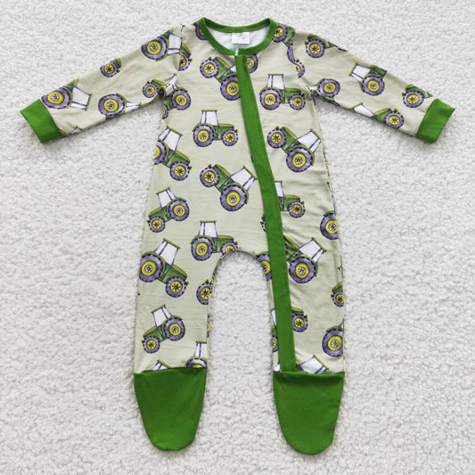 LR0386 Farm Tractor Green Zip Long Sleeve Bodysuit