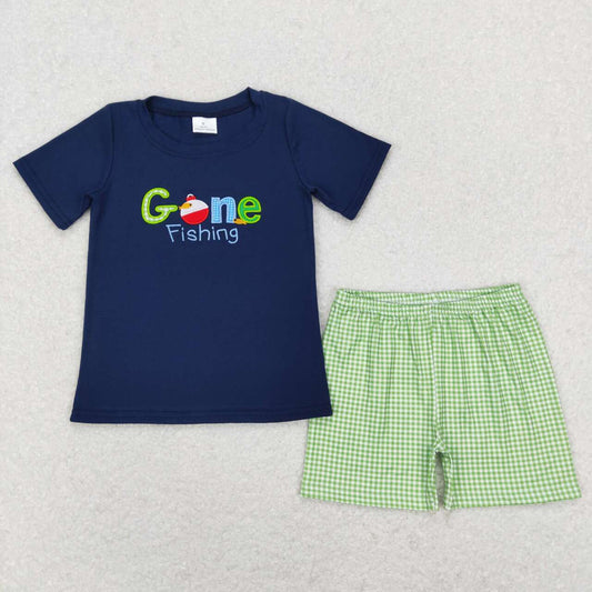 BSSO0395 gone fishing embroidered navy blue short sleeve green plaid shorts suit
