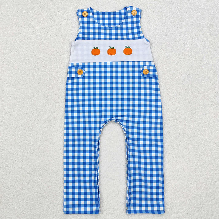 RTS NO MOQ Eta 5/days  Girls Boys Blue Pumpkins Dresses Rompers embroidery Fall Clothes Sets