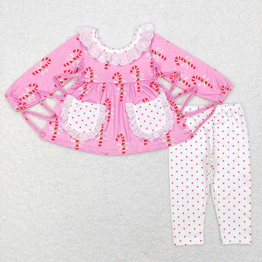 GLP0883 Cane Lace Pink Long Sleeve Polka Dot White Pants Suit