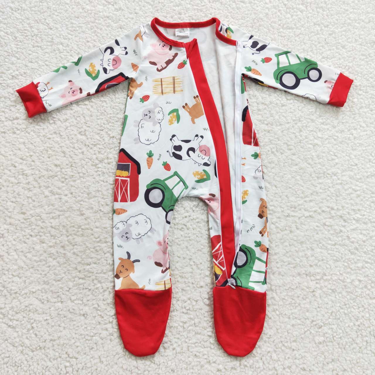 LR0379 Farm Red House Cow Pig Sheep Animal Red Side Zipper Long Sleeve Jumpsuit