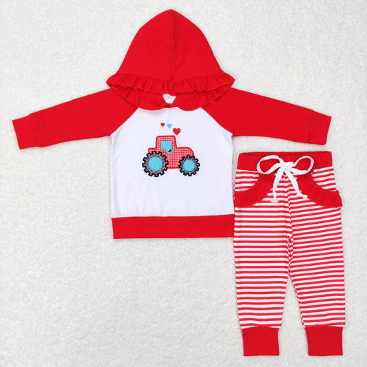 GLP0913 Embroidery Love Tractor red and white lace hooded long-sleeved striped trousers suit