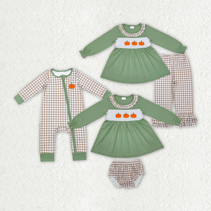 RTS NO MOQ Eta 5/days Girls Boys embroidery Pumpkins Rompers Bummie Outfits Clothes Sets