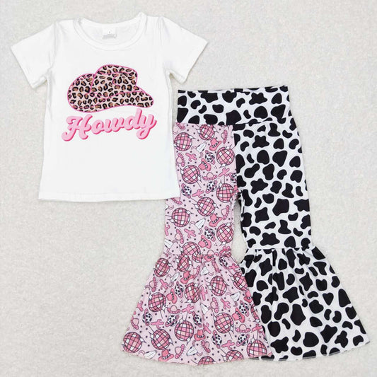 P0369 Alpine cow head cactus lamp ball cow pattern patchwork trousers+GT0138 Girls howdy leopard print hat white short sleeve top
