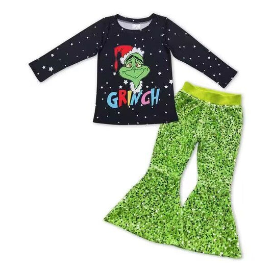 GT0329 grinch letter star black long sleeve top+P0148 Fluorescent green sequin trousers