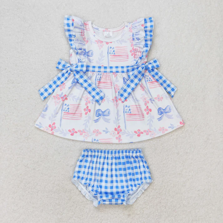RTS NO MOQ  Baby Girls Boys Sibling 4th of July Bows Summer Rompers Clothes Sets
