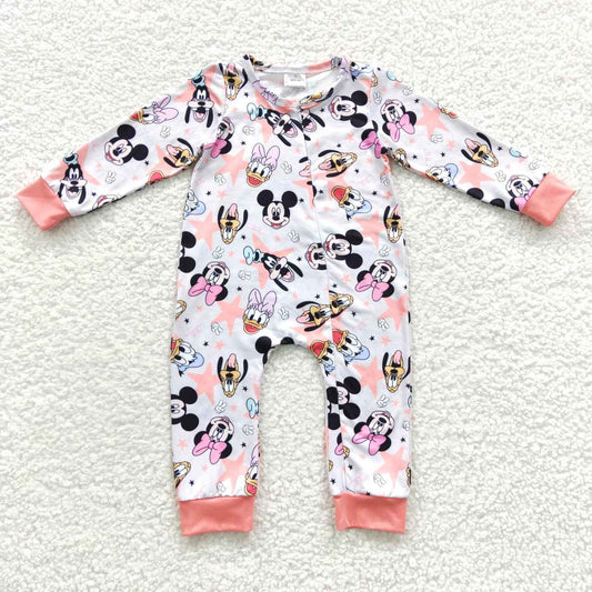 LR0298 Cartoon Mickey Print Pink Zipper Long Sleeve Bodysuit