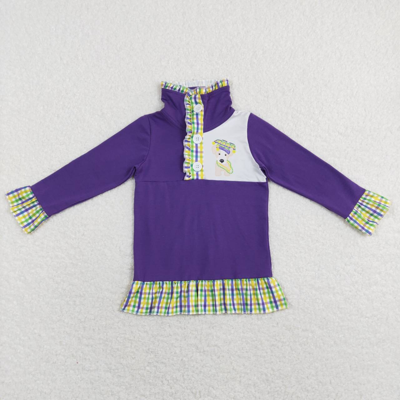 GT0412 Mardi Gras Puppy Plaid Purple Zip Long Sleeve Top