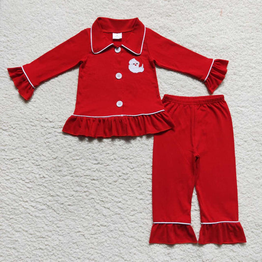 GLP0699 Embroidered Santa Claus Collar Lace Red Long Sleeve Pants Suit