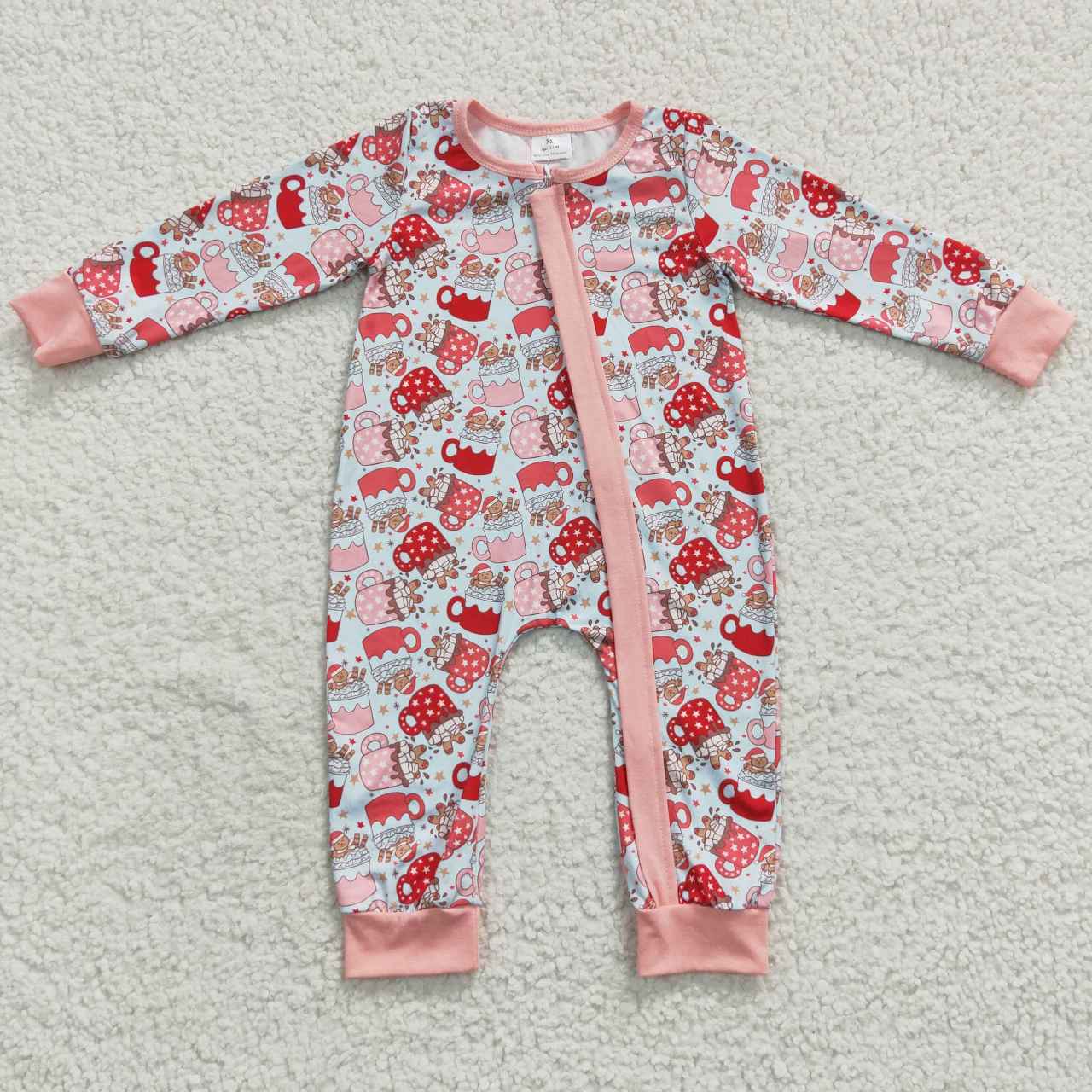 LR0294 Christmas Gingerbread Man Mug Zip Pink White Long Sleeve Onesie