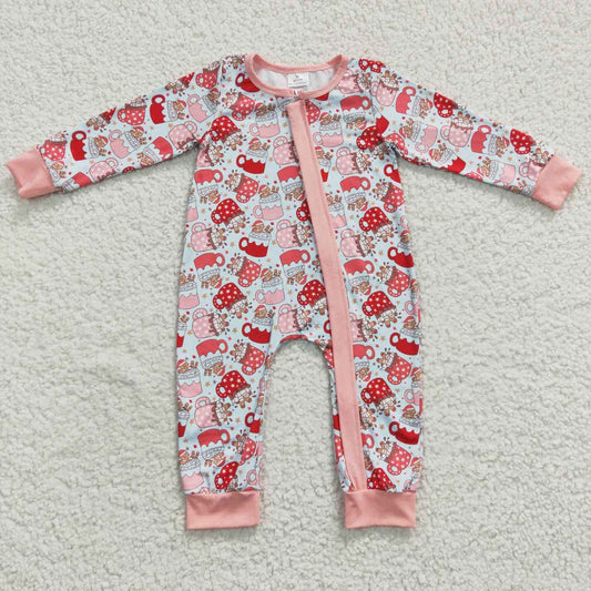 LR0294 Christmas Gingerbread Man Mug Zip Pink White Long Sleeve Onesie