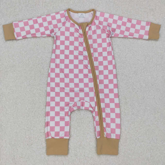 LR0731 Pink and white plaid yellow zipper long-sleeved jumpsuit