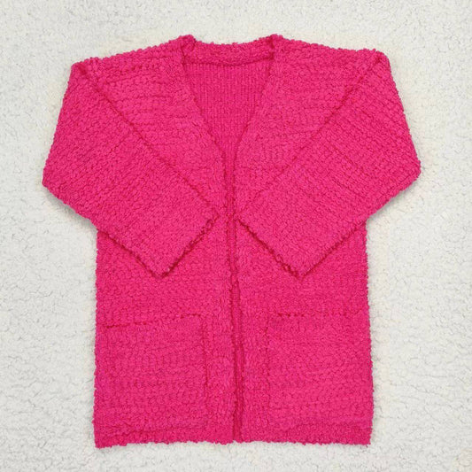 GT0236 Rose Red Pocket Cardigan Long Sleeve Top