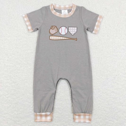 SR0614 Embroidered Baseball Glove Brown White Plaid Gray Short Sleeve Jumpsuit