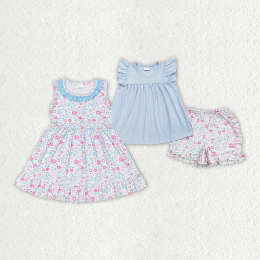 RTS NO MOQ Baby Girls Blue Ruffle Sibling Sister Dresses Floral Shorts Clothes Sets