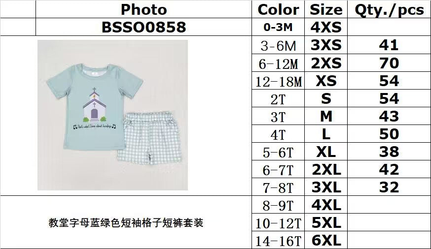 BSSO0858 RTS 3-6M to 7-8T baby boy clothes Pope letter teal short sleeve plaid shorts suit