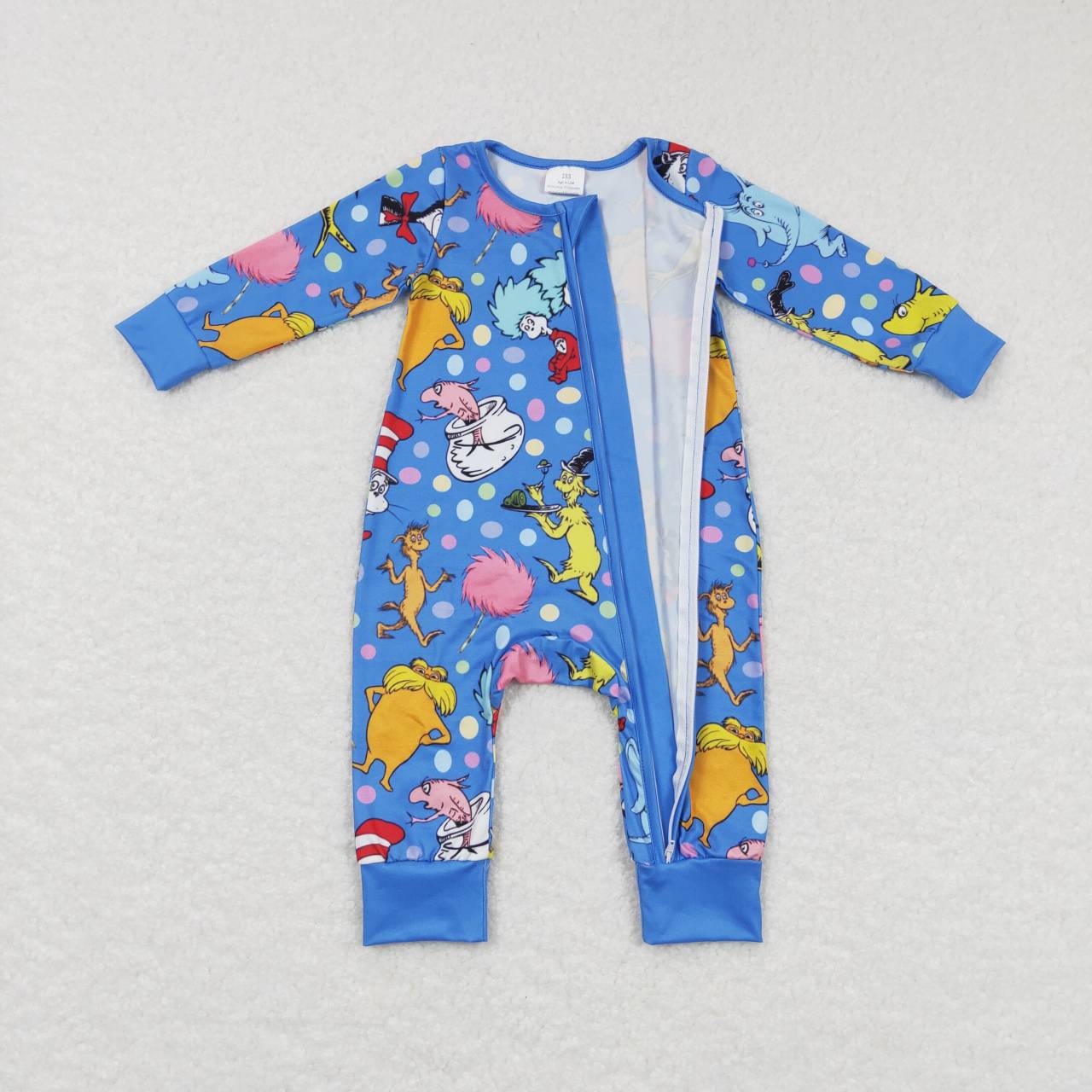 LR0784 dr seuss cartoon colorful polka dot blue zipper long sleeve jumpsuit