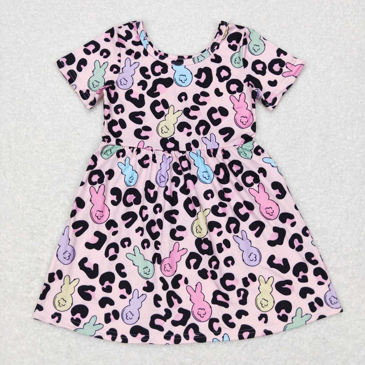 GSD0508 Colorful bunny leopard print pink short-sleeved dress