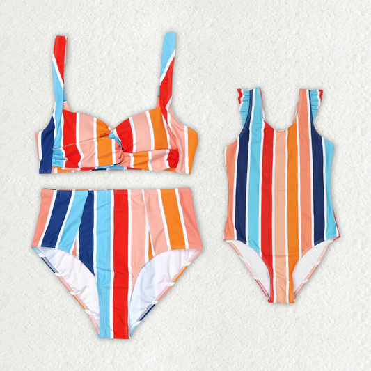 RTS no moq Mommy and Me Adult Baby Girls Summer Stripes Swimsuits.adult with kids swim