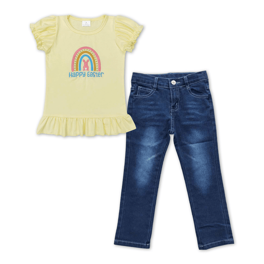 GT0392 happy easter embroidered letter bunny rainbow yellow lantern sleeve short sleeve top+P0085 Dark blue denim trousers