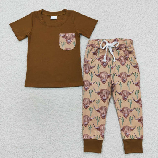 BSPO0158 Alpine Cactus Pocket Brown Short Sleeve Pants Suit