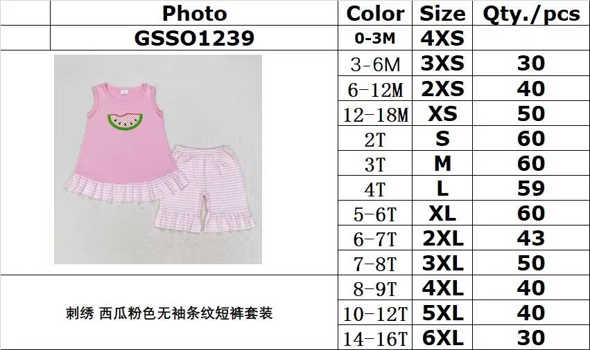 RTS no moq GSSO1239 Embroidered watermelon pink sleeveless striped shorts set