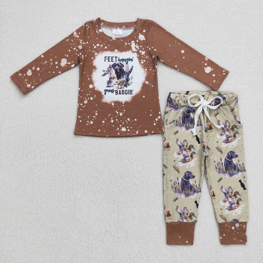 BLP0311 Hunting Puppy Brown Long Sleeve Gray Pants Suit