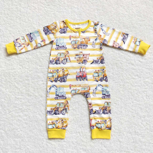 LR0569 Truck Tractor Yellow and White Stripe Zipper Long Sleeve Bodysuit