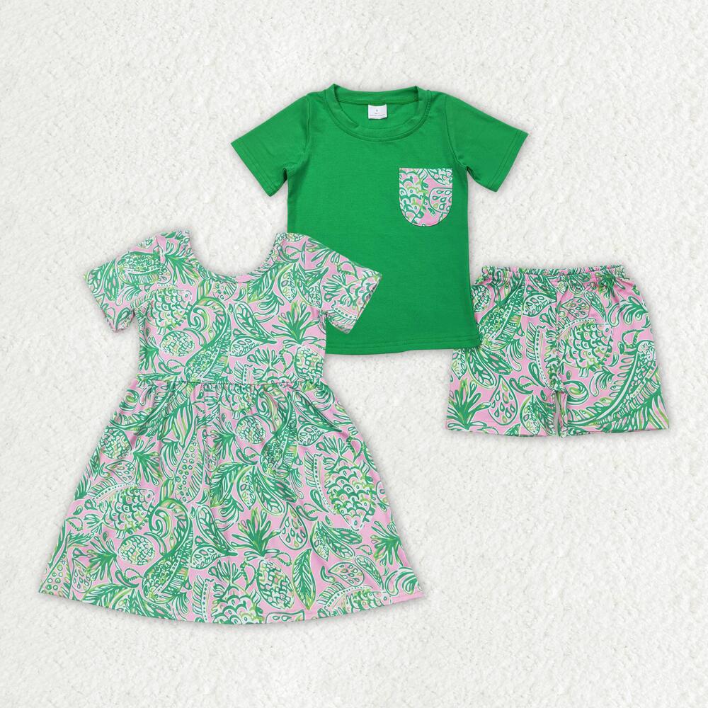 BSSO0839+GSD1113+GT0561 Green short-sleeved shorts set with seaweed pattern pockets