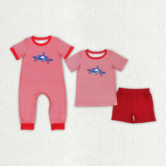 RTS NO MOQ Baby Boys Plane Sibling Brother Rompers Outfits Clothes Sets embroidery