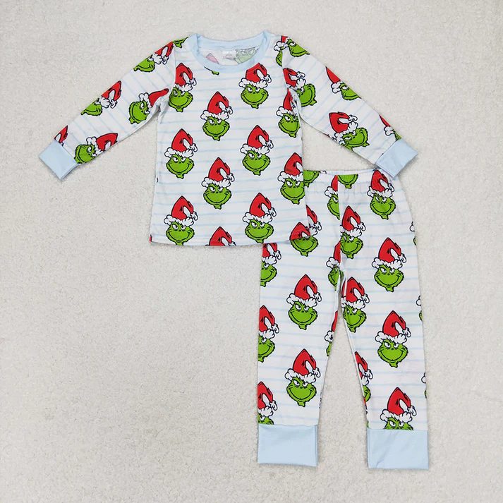 RTS NO MOQ bamboo fabric fabric content is  50% cotton +45%bamboo +5%spandx Baby Boys Green Face Christmas Sibling Sister Bamboo Pajamas Clothes Sets
