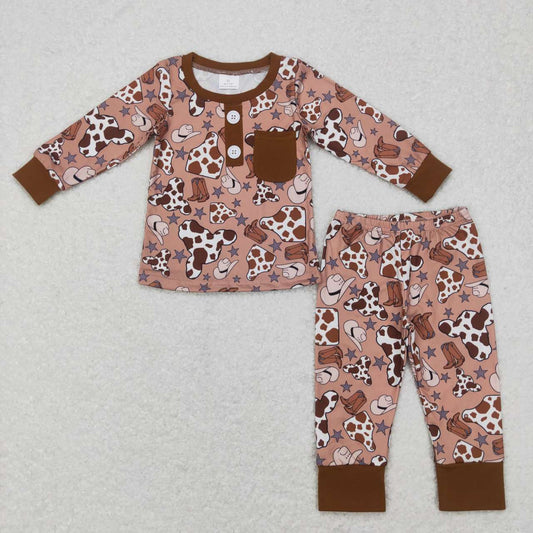 BLP0347 Cow pattern star cowboy hat boots brown long sleeve trousers suit