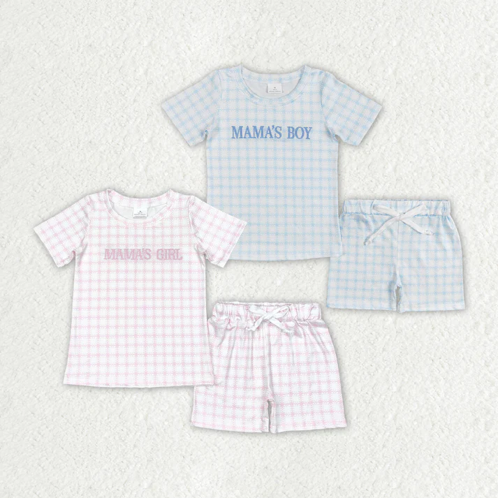 RTS NO MOQ Baby Girls Boys Mama's Girl Checkered Sibling Tops Shorts Clothes Sets
