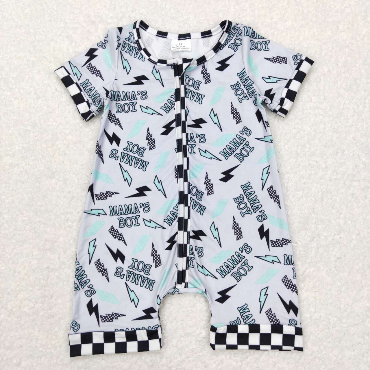 SR0563 mama's boy lightning black and white checkered gray short sleeve zipper jumpsuit